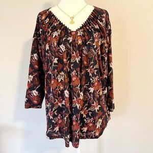 Lucky Brand Women’s Floral Top Size L V-Neck 3/4 Sleeve Brown Navy Pleated Boho